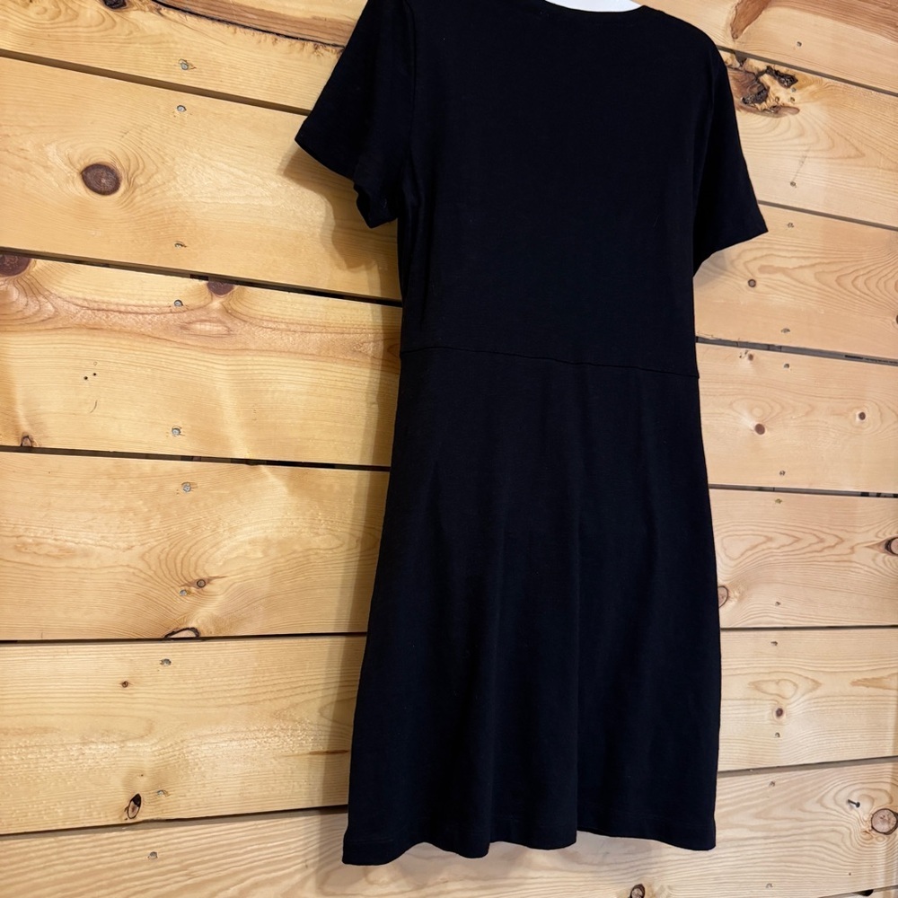 Loft Women Black Short Sleeve Faux Wrap Midi Dress Size L Cotton - Picture 6 of 8
